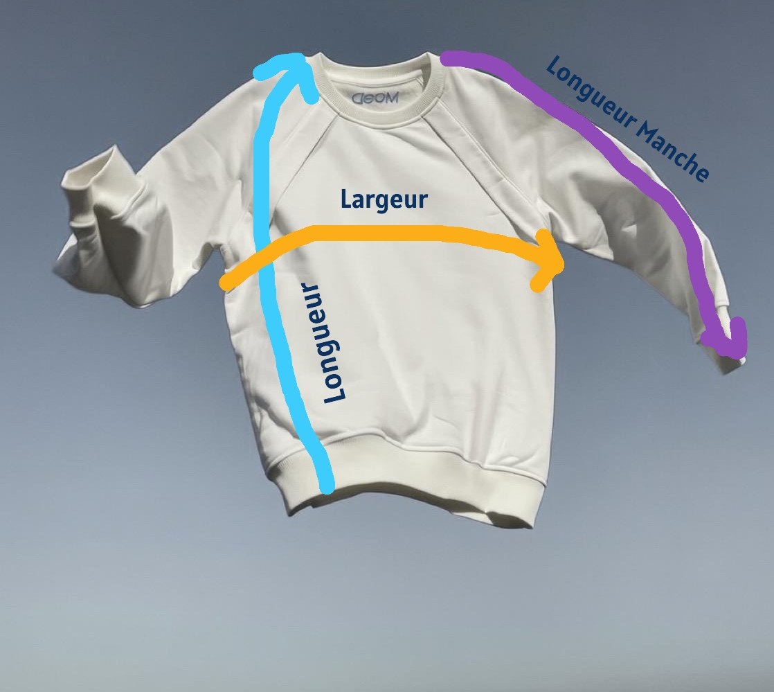 Sweatshirt MoeDcare avec annotations de mesures : largeur, longueur, longueur manches